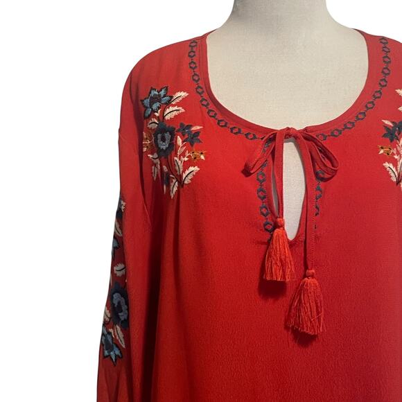 Garnet Hill Embroidered-Yoke Bishop-Sleeve Blouse Womens XL Rust Floral Boho Top - Picture 3 of 10